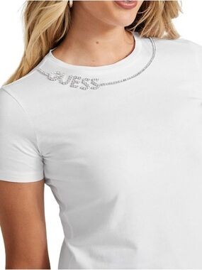 Guess White Short Sleeve Crewneck Tee with Rhinestone Logo